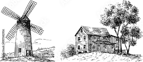 Vintage engraved sketch set of miller mark and mill wheel with rustic countryside scene