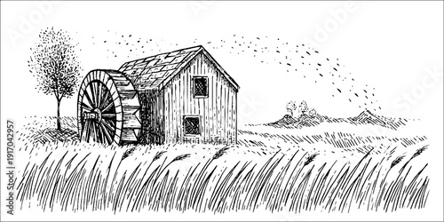 Vintage hand-drawn illustration of miller's mark and mill wheel scene for design projects