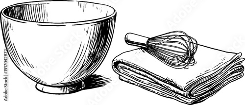Vintage kitchen tools with mixing bowl, whisk, and towel illustration for culinary designs