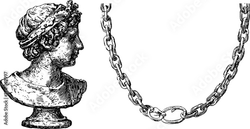 Vintage engraved necklace bust stand and chain sketch for retro design projects