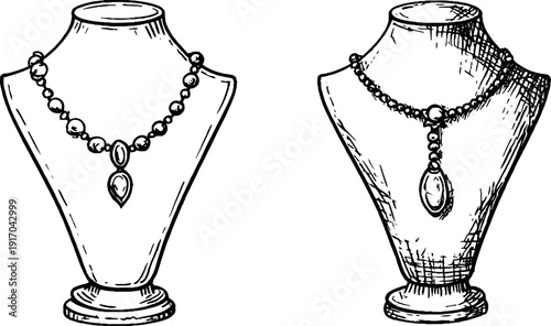 Vintage necklace bust stand and chain engraved illustration set for jewelry design