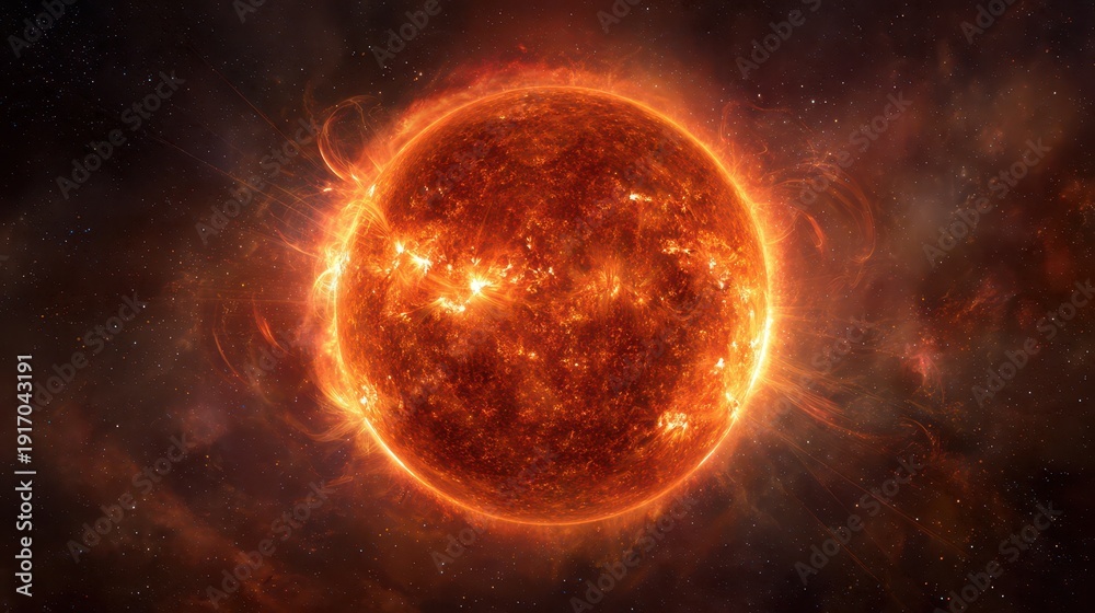 Obraz premium Colossal burning sun in deep space: hyper-detailed digital illustration with fiery corona and solar flares