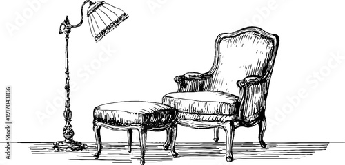 Vintage engraved set of reading chair and footstool with classic lamp