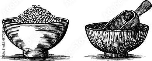Vintage engraving of rice grains and wooden scoop with bowl - retro design for kitchen decor