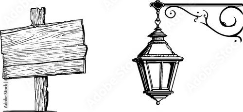 Vintage roadside inn sign and lantern set – hand-drawn engraved design for retro decor