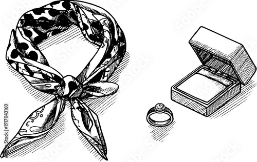 Vintage engraving of silk scarf and ring with jewelry box design for fashion and gifts