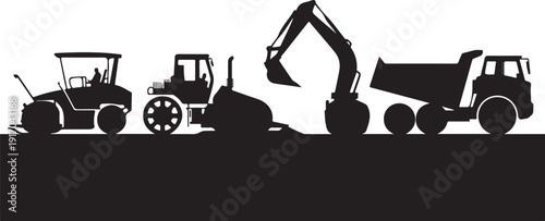 Silhouettes of construction vehicles on a flat background
