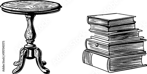 Vintage engraved set of side table, coaster, and books for retro interior design