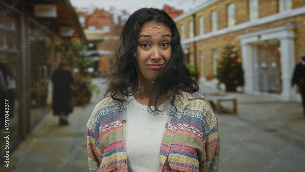 Fototapeta premium Woman grimacing with furrowed brow and pursed mouth in a patterned cardigan on a street by brick building facades; awkwardness.