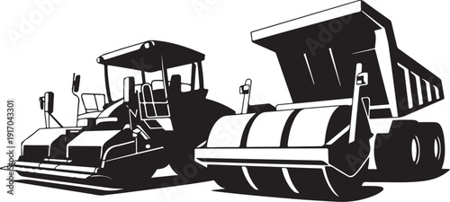Two black and white road construction machines on white background