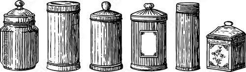 Vintage tea shop jar and tin set engraving illustration for design and decoration