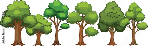 Cartoon green trees vector collection with forest nature plant elements isolated botanical illustration set