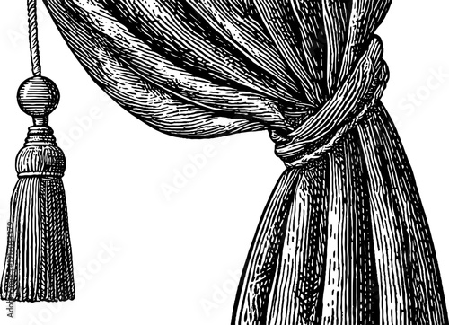 Elegant velvet curtain with tieback in vintage engraved style for interior design