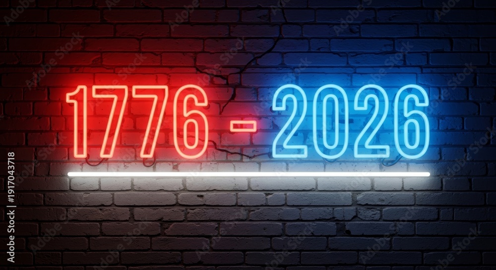 Obraz premium Red, white, and blue neon numbers 1776 and 2026 glowing on a brick wall. American independence celebration background with dates.