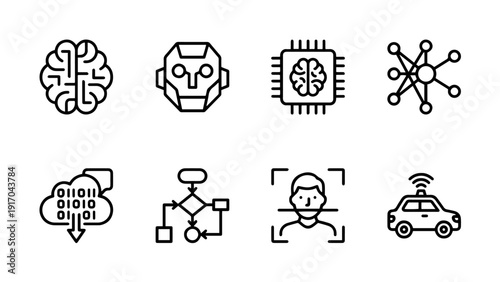 Set of futuristic icons representing artificial intelligence, including a brain, robot head, chip, network, cloud, flowchart, facial recognition, and autonomous car