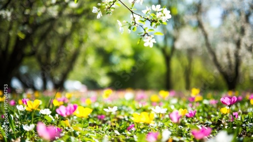 Vibrant spring blossom field with lush greenery and colorful flowers in bloom.
