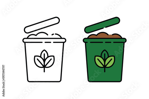 Two composting bins, one outline and one filled color, display leaf icons.