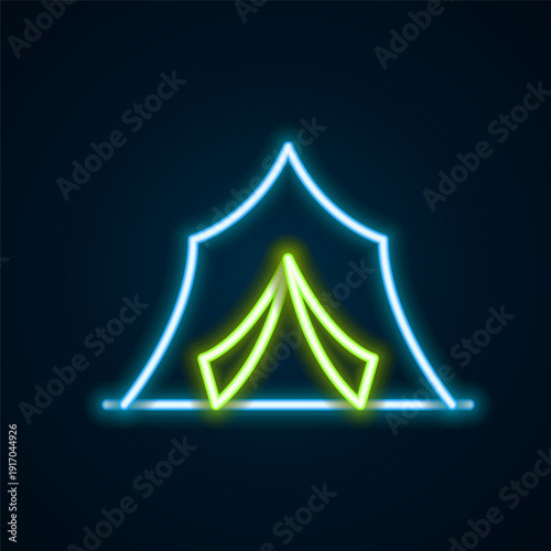 Glowing neon line Circus tent icon isolated on black background. Carnival camping tent. Amusement park. Colorful outline concept. Vector