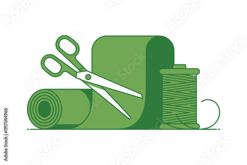 Sewing supplies feature green fabric roll, scissors, and a spool of thread.