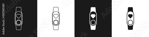 Set Smart watch showing heart beat rate icon isolated on black and white background. Fitness App concept. Vector
