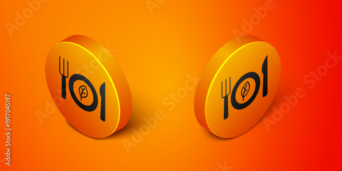 Isometric Vegan food diet icon isolated on orange background. Organic, bio, eco symbol. Vegan, no meat, lactose free, healthy, fresh and nonviolent food. Orange circle button. Vector