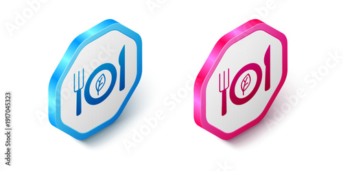 Isometric Vegan food diet icon isolated on white background. Organic, bio, eco symbol. Vegan, no meat, lactose free, healthy, fresh and nonviolent food. Hexagon button. Vector