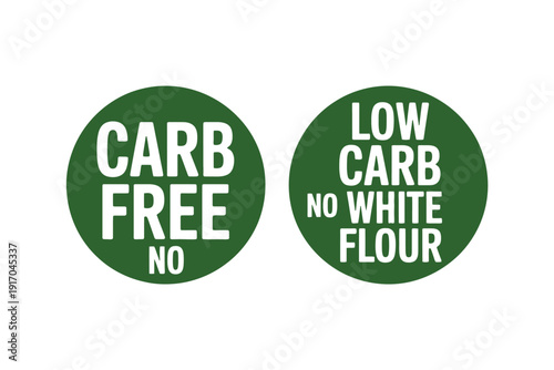 Two green circular stickers indicate low carbohydrate and no white flour.