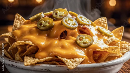 Close up of nachos with melted cheese and jalapenos on a plate