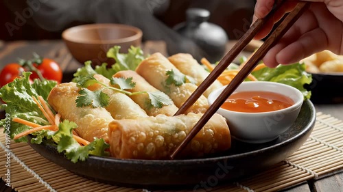 Close up of spring rolls on a plate with dipping sauce and garnishes