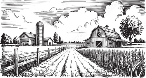 A black and white farm landscape illustration with barn and wheat.