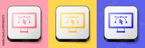 Isometric Computer display with vector design program icon isolated on isolated on pink, yellow and blue background. Photo editor software with user interface. Square button. Vector