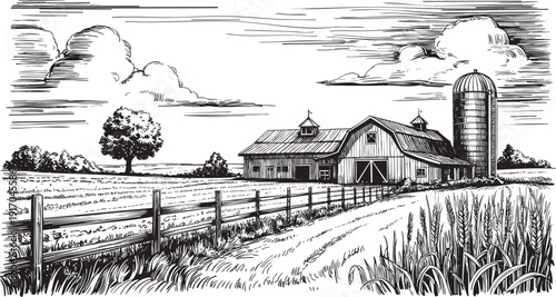 Monochrome farm scene with barn, silo, field, fence, trees, and sky.