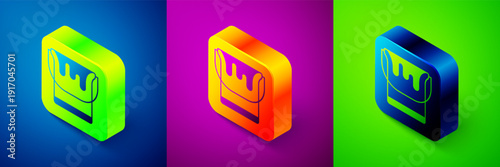 Isometric Paint bucket icon isolated on blue, purple and green background. Square button. Vector