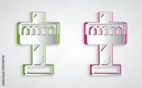 Paper cut Attraction carousel icon isolated on grey background. Amusement park. Childrens entertainment playground, recreation park. Paper art style. Vector