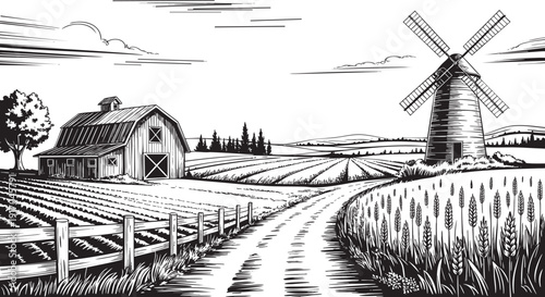 Monochrome rural scene showcasing a farm with barn and windmill drawing.