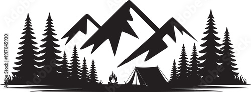 Black silhouette of a camping scene with mountains, trees and campfire.