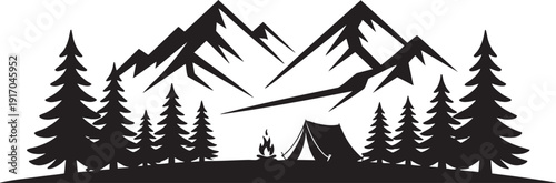 Silhouette image of mountains, trees, tent and fire  Illustration.