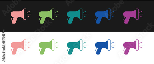 Set Garden hose icon isolated on black and white background. Spray gun icon. Watering equipment. Vector