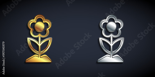 Gold and silver Flower icon isolated on black background. Long shadow style. Vector