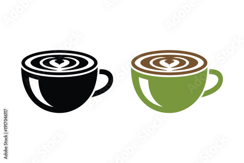 A stylized coffee cup featuring latte art is shown in black silhouette.