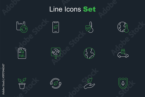 Set line Shield with leaf, Leaf in hand, Electric saving plug, Plant pot, car, Earth globe, Recycle clean aqua and Bio fuel canister icon. Vector