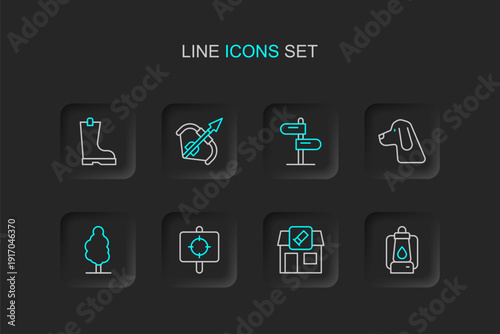 Set line Camping lantern, Hunting shop, Target sport, Tree, dog, Road traffic sign, Medieval bow and arrow and Waterproof rubber boot icon. Vector