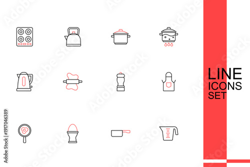 Set line Measuring cup, Frying pan, Chicken egg on stand, Fried eggs frying, Kitchen apron, Pepper, Rolling pin dough and Electric kettle icon. Vector