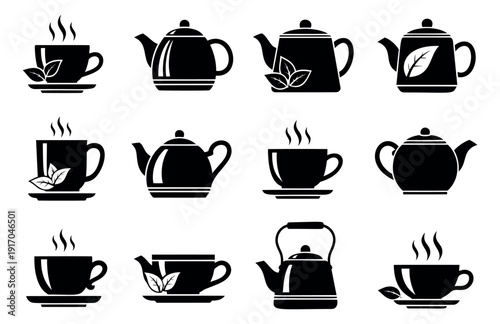 Silhouette style teaware set featuring steaming teacups and teapots with tea leaves for beverage menu design