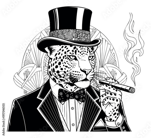 Line art illustration of a dapper leopard depicting smoking a cigar for classy designs