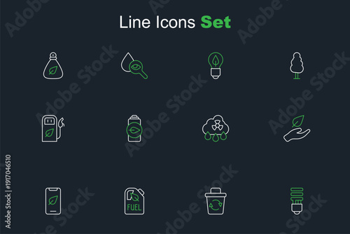 Set line LED light bulb, Recycle bin, Bio fuel canister, Mobile phone with leaf, Leaf hand, Acid rain radioactive cloud, Eco nature battery and Petrol or gas station icon. Vector