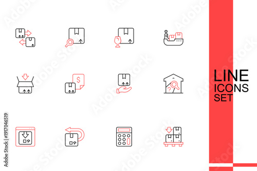 Set line Cardboard boxes on pallet, Calculator, Return cardboard, Online app delivery tracking, Warehouse check, Delivery hand with, Waybill and Carton icon. Vector