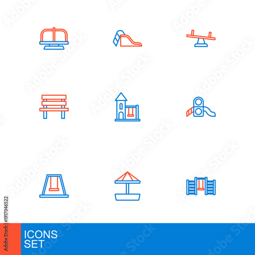 Set line Swedish wall, Sandbox with sand, Swing for kids, Slide playground, Bench, Seesaw and icon. Vector
