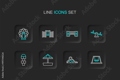 Set line Ferris wheel, Slide playground, Sandbox with sand, Hopscotch, Seesaw, Playground kids bridge, Swedish wall and Swing for icon. Vector