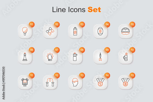 Set line Medal, Baseball helmet, Jump rope, Stopwatch, Golf bag with clubs, Dart arrow and Fitness shaker icon. Vector